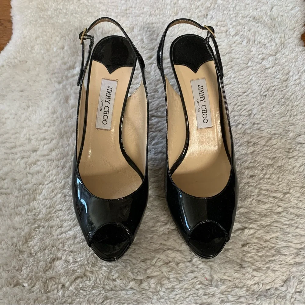 Jimmy Choo Black Nova Peep Toe Slingback Patent Heels - Picture 6 of 15